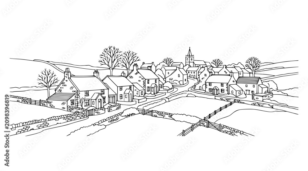 Fototapeta premium Hand drawn line art illustration of a traditional rural village landscape