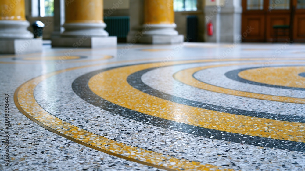 Obraz premium Close-up view of a polished terrazzo floor with a circular inlaid pattern and grand architectural columns in the background