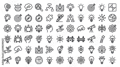 Konstfotografi Creative thinking and innovation outline icon set.