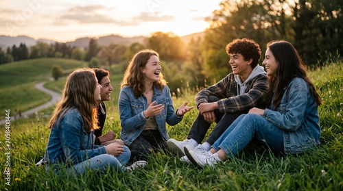 Happy teenage friends laughing and talking together on a grassy hill at sunset