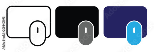Three variations of a computer mouse icon on a rectangular pad, showing outline, black and gray, and blue color schemes.