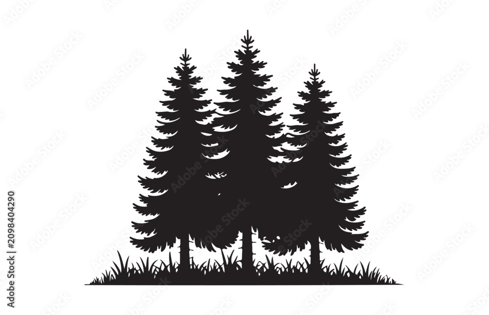 Obraz premium Group of three pine tree silhouettes with grass on transparent background for nature forest landscape.