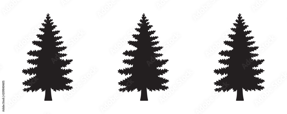Fototapeta premium Silhouette of spruce pine trees for christmas forest landscape design elements collection on background.