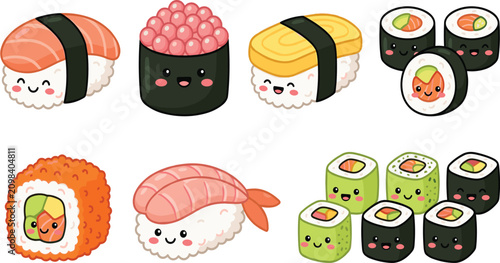 Schilderij op canvas Cute cartoon sushi vector set featuring happy maki rolls nigiri sashimi and ikra