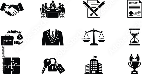 Konstfotografi Corporate Legal Contract and Business Partnership Deal Solid Icon Set with Legal