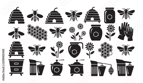 Canvastavla Black and white beekeeping icon set, vector illustration of bee farm equipment collection