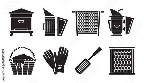 Foto Black and white beekeeping icon set, vector illustration of bee farm equipment collection