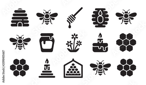 Tableau sur toile Set of fifteen black silhouette icons related to honey bees hives and beekeeping activities