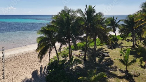 Aerial view of palm trees on a white sand beach, Oarsmans Bay, Nacula Island, Fiji
