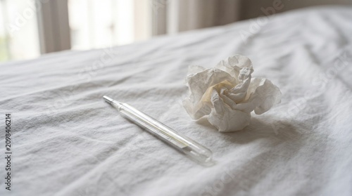 A Thermometer and Crumpled Tissue on a White Bedsheet as an Illness and Fever Metaphor