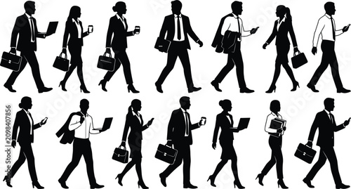 Walking business people silhouettes set vector for corporate professionals commuting holding briefcase laptop smartphone walking to office work rush hour lifestyle element