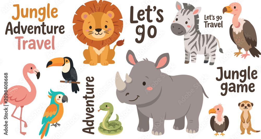 Obraz premium Cute safari jungle animals vector bundle with lion rhinoceros zebra flamingo parrot toucan vulture meerkat and adventure travel text.