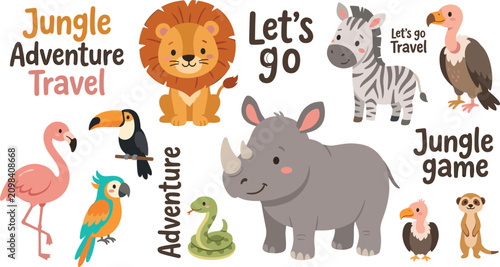 Bild auf Leinwand Cute safari jungle animals vector bundle with lion rhinoceros zebra flamingo parrot toucan vulture meerkat and adventure travel text