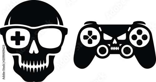 Black and white illustration of skulls wearing gaming accessories  skull with goggles and game controller
