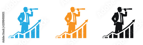 Businessman telescope icon looking through on growing graph  set in blue, Orange, Black vector illustration .