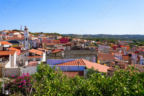 Elevated view over the red-tiled roofs of Sant'Antioco town in Sardinia, Italy