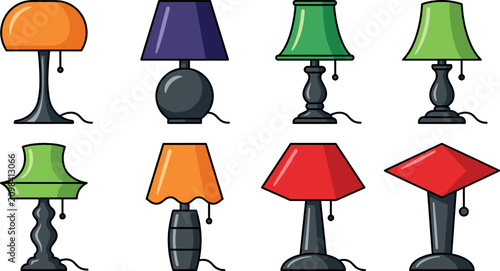Canvas-taulu Table lamp vector set with colorful cartoon desk lamps and nightlight lampshade