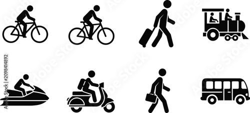 Quadro su tela Silhouettes of people using various transportation modes including bicycle, scoo
