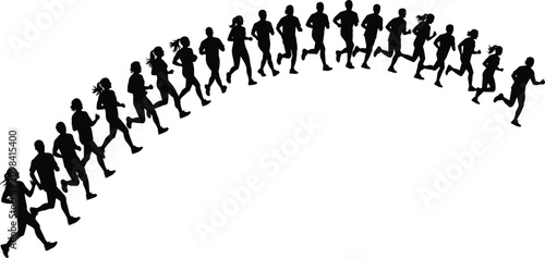 Foto Silhouettes of people running in curved formation showing stride variation and m