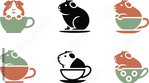 Foto Cute guinea pigs sitting in colorful teacups and saucers on white background