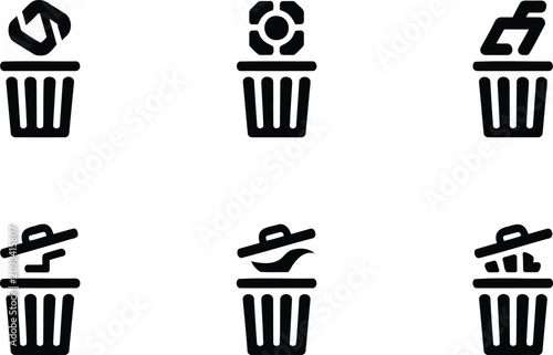 Six black trash cans with different objects being thrown away in each can one by one