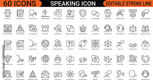 Speaking communication line art icons set, microphone, megaphone, chat, bubble, headset, listen, ear, talk, speaker, audio, Web icon, App icon, Outline icon, Editable stroke, line art, Vector EPS