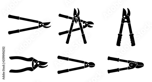 Bild auf Leinwand Gardening Tool Icons: Pruning Shears, Loppers, Hedge Trimmers, Vector Set