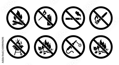 Cuadro en lienzo Set of 8 No Fire Icons, Prohibition Signs for Open Flame and Smoking, Warning Sy