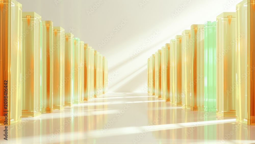 Fototapeta premium Long corridor features repeating luminous pillars. Bright reflections create perspective, suggesting infinite space. Minimalist design.