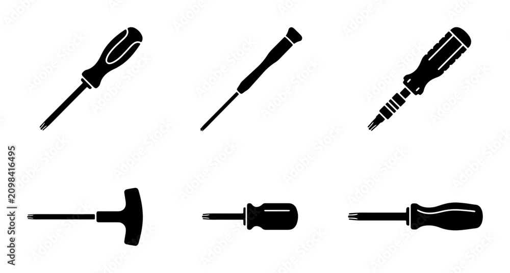Fototapeta premium Screwdriver Icons Set, Precision Tools Collection, Hand Tool Vector Graphics for DIY and Repair