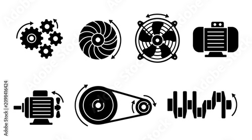 Foto Industrial Machine Parts Icons, Engineering Components, Mechanical Systems, Tech
