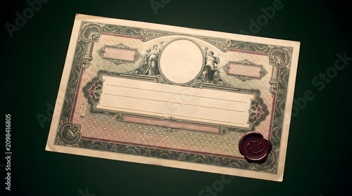 Vintage antique blank financial stock certificate paper with wax seal
