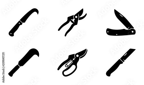 Foto Gardening Tools Set, Pruning Shears, Knives, Vector Icons for Horticulture and A
