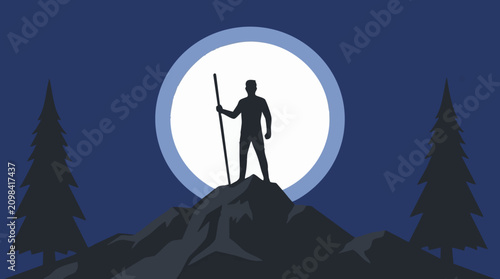 Photos Hiker silhouette on mountain peak against full moon and starry night sky