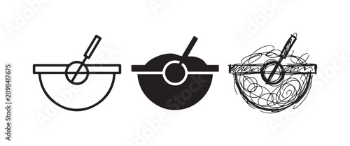 Schilderij op canvas Mixing Bowl with Whisk or Spoon Icons in Outline, Solid, and Hand-Drawn Sketchy
