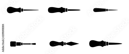 Foto Set of 6 Black Silhouette Awls and Awl-like Tools, Vector Icons for Crafting and
