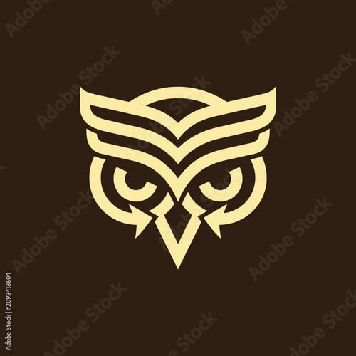 Geometric golden owl face logo on dark background.