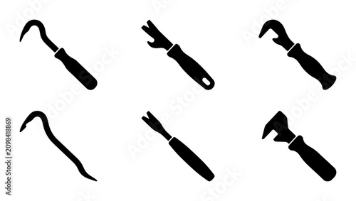 Tableau sur toile Crowbar Tools Set, Pry Bar Icons, Metal Lever Equipment, Black Silhouette Vector