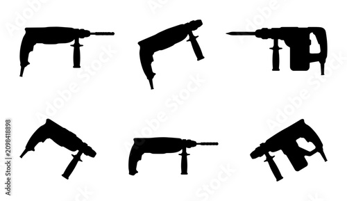 Rotary Hammer Drill Silhouettes, Power Tool Icons, Construction Equipment Vector Set