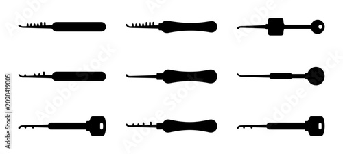 Lock Picking Tools Set, Security Devices, Professional Locksmith Equipment, Vector Icons