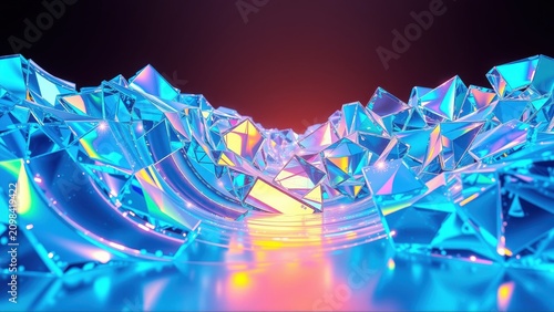 Abstract crystal formation. Vibrant blue hues dominate, reflecting light. Red glow emanates from center, creating dramatic effect. Futuristic design.
