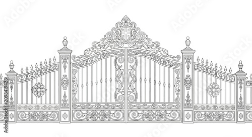 Cuadro en lienzo Ornate Wrought Iron Gate Line Art Vector