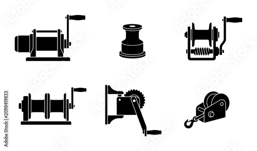 Bild auf Leinwand Manual Winch Collection, Mechanical Hoist Devices, Industrial Lifting Equipment,