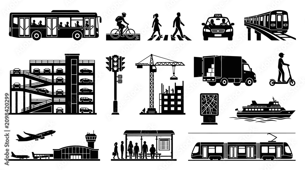 Fototapeta premium Black White Icons of Urban Transportation: Bus, Train, Taxi, Boat, Plane, Car Park, Scooter, Cycle