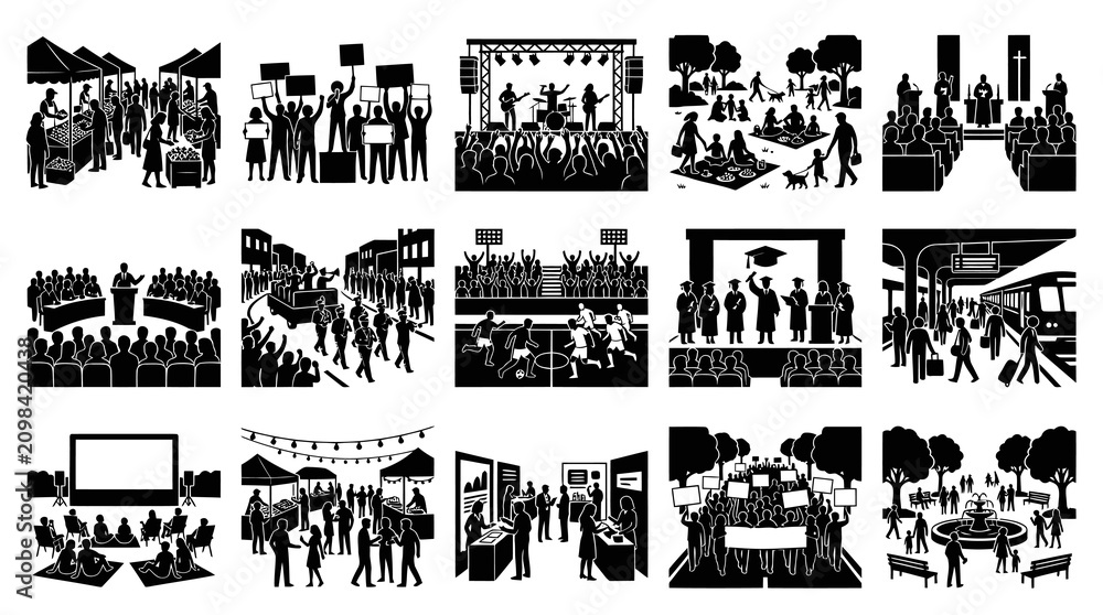 Fototapeta premium Human Activity and Social Events Black White Silhouette Glyph Icons Collection