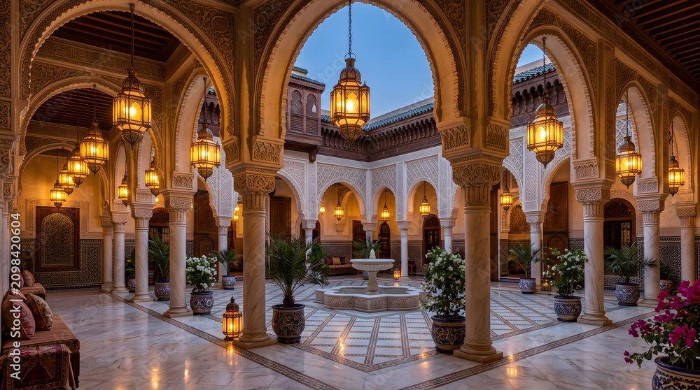 Obraz premium Moroccan riad interior, traditional architecture, arched courtyard, lanterns, potted plants