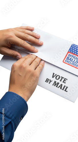 Hands holding a vote by mail envelope.
