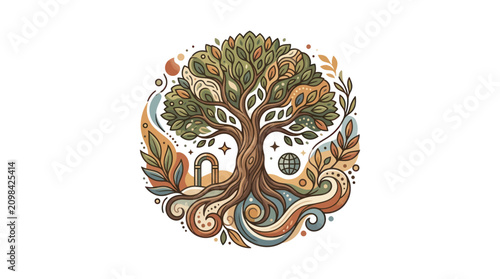 Foto Mystical Tree of Life with Roots and Abstract Elements in Circle