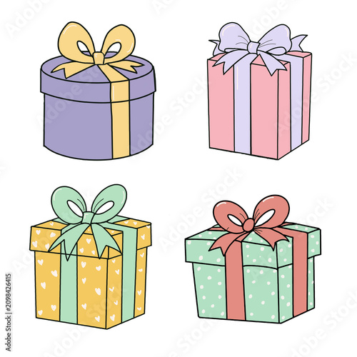 Cute Pastel Gift Box Collection with Ribbon Bows Hand Drawn Clipart Set