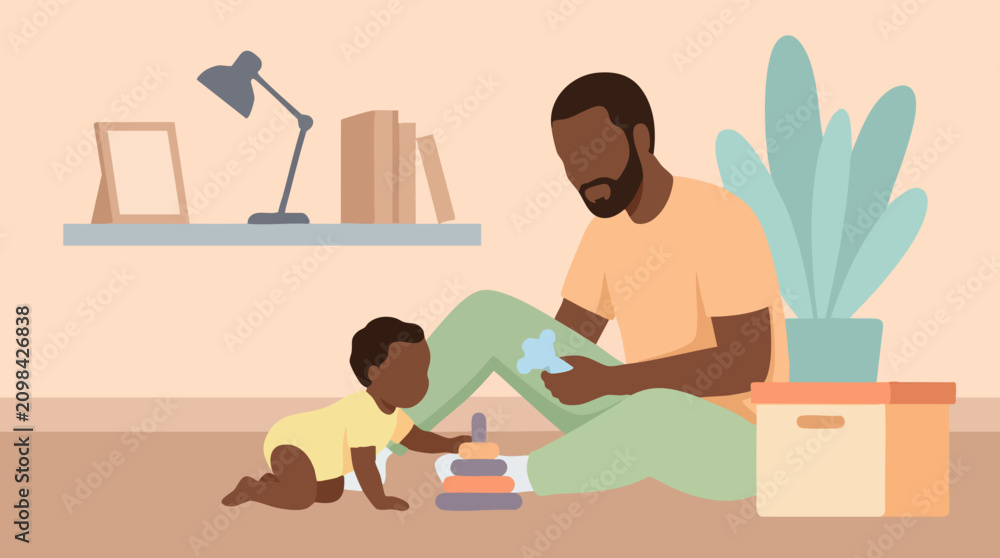 Fototapeta premium Father and baby playing with stacking toy on floor in warm family moment